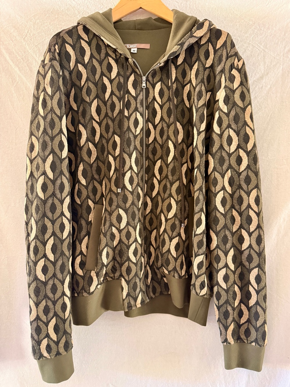 Mr Turk Vintage Men's Geometric Black/Cream/Olive Green Zip-Up Hoodie Jacket